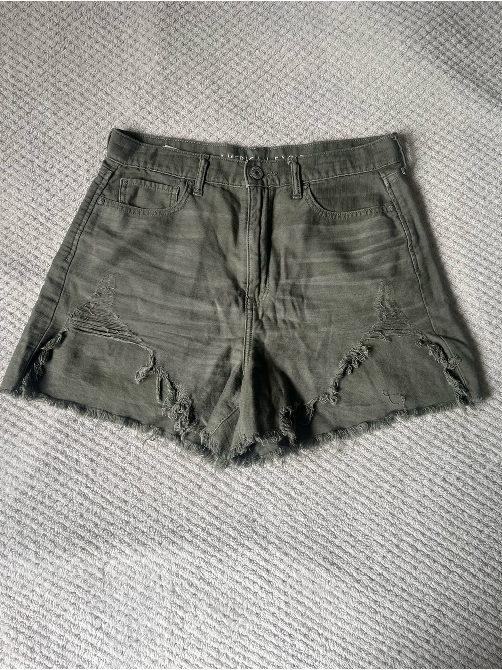 American Eagle Outfitters high rise mom Olive Green Distressed Denim Shorts